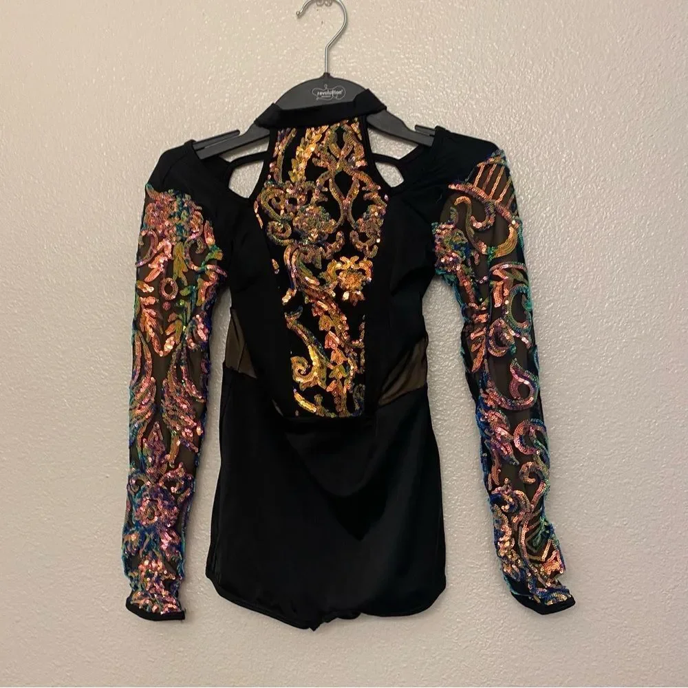 Curtain Call Dance Costume flying solo black sequin leotard J5513 CLA LC child